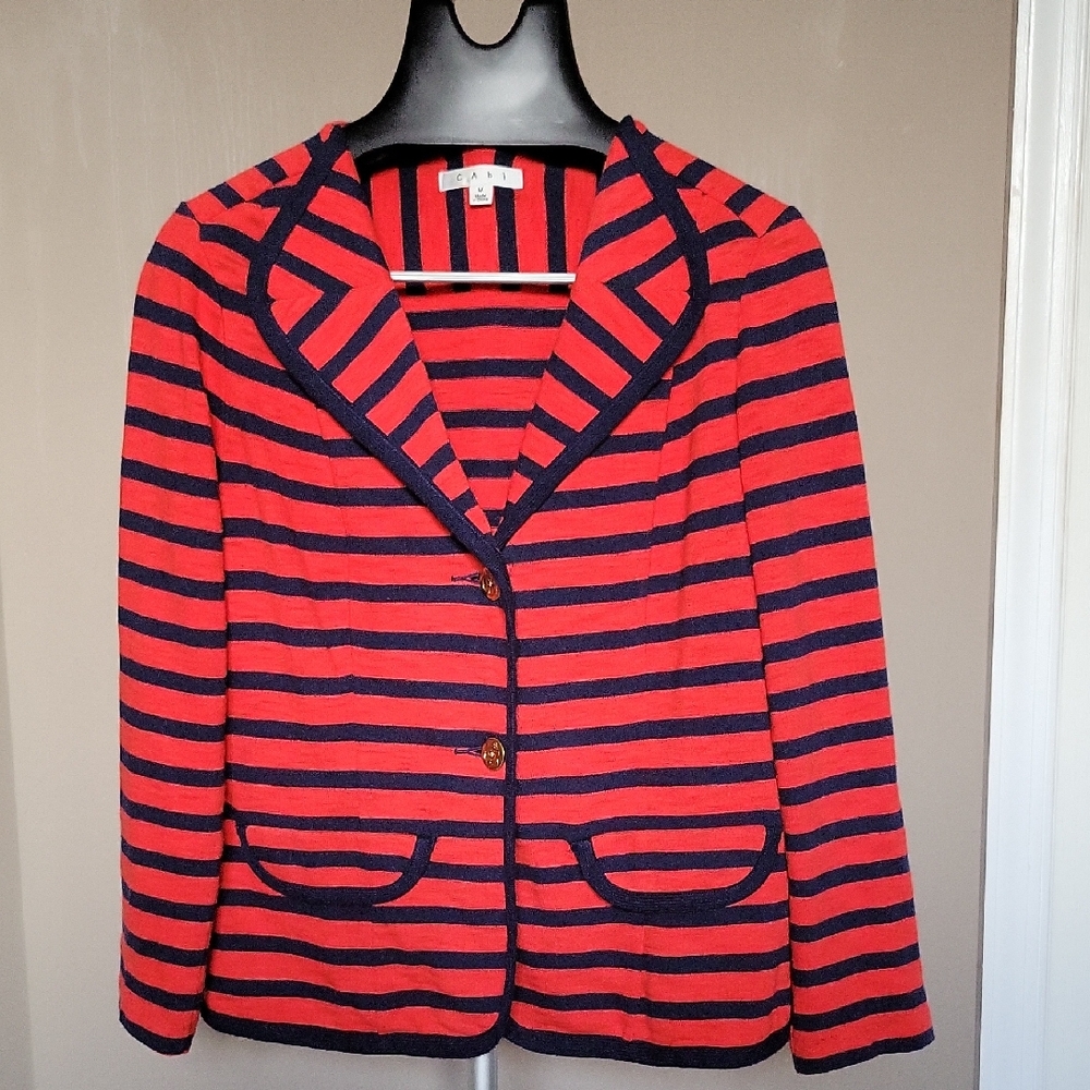 Red and Navy Striped Knit Blazer By CAbi Size M